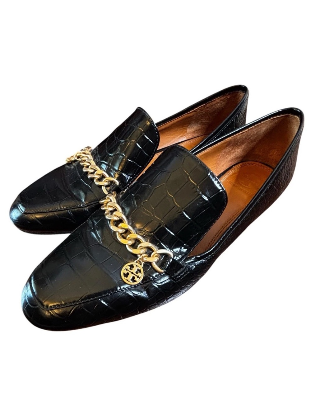Tory Burch Benton Croc Embossed Loafers Size 8.5 Gold Charm Shoes Preppy